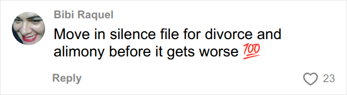 A social media comment advising a former tradwife to file for divorce and alimony before her situation worsens. A social media comment advising a former tradwife to file for divorce and alimony before her situation worsens.