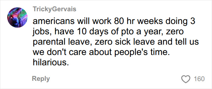 Social media comment criticizing American work culture in a debate about European Customer Service. Social media comment criticizing American work culture in a debate about European Customer Service.