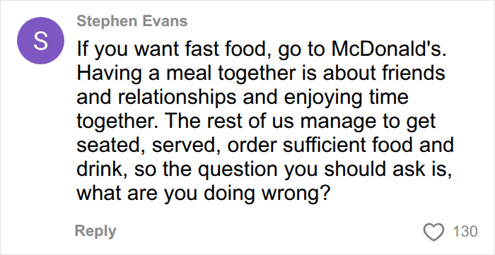 A comment on European Customer Service about enjoying meals with friends rather than fast food. A comment on European Customer Service about enjoying meals with friends rather than fast food.