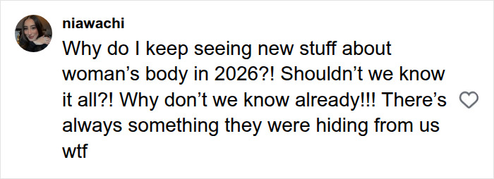 User comment reacting to overlooked female health issue discoveries raised by biohacker Bryan Johnson girlfriend. User comment reacting to overlooked female health issue discoveries raised by biohacker Bryan Johnson girlfriend.