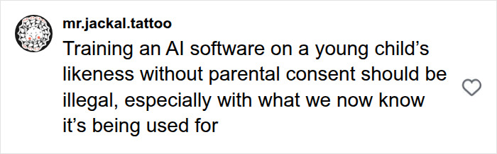 Online comment addressing privacy concerns over an AI image of a child.