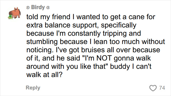 A comment sharing a personal story about young women using mobility aids for balance support.