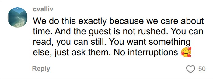User comment on European customer service explaining guests are not rushed when dining out. User comment on European customer service explaining guests are not rushed when dining out.