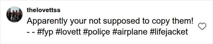 Social media comment by thelovettss discussing a plane safety demo joke.