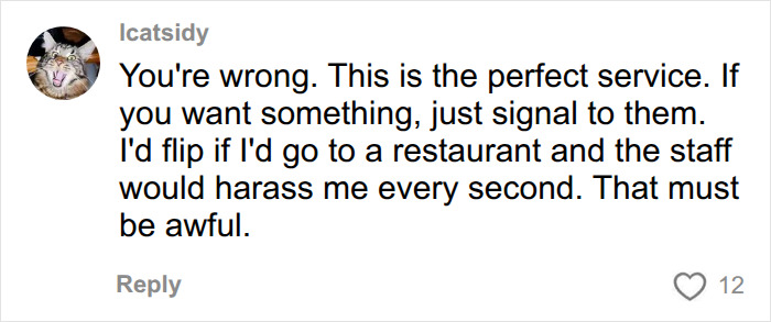 User comment arguing that European customer service is perfect because waiters leave diners alone unless requested. User comment arguing that European customer service is perfect because waiters leave diners alone unless requested.