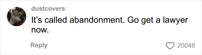 Social media comment offering legal advice on abandonment to a former tradwife. Social media comment offering legal advice on abandonment to a former tradwife.