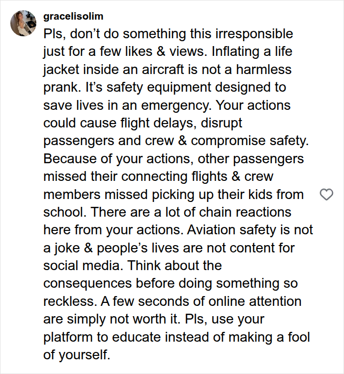 Detailed comment criticizing influencer Hugh Lovett plane safety demo joke and aviation safety impact.