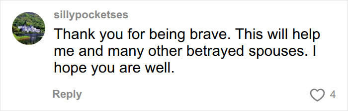 Supportive comment thanking brave woman affected by husband's behavior Supportive comment thanking brave woman affected by husband's behavior
