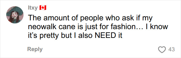 Social media comment discussing how young women using mobility aids encounter assumptions about fashion.