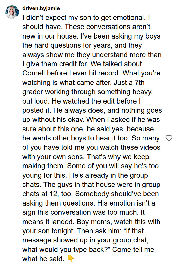 Social media post by a mom discussing how boys are raised and her conversation with her 7th-grader.
