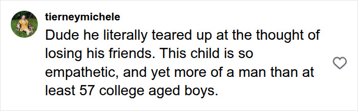 User comment praising a boy's empathy while discussing how boys are raised.