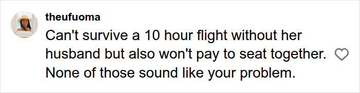Critique of not paying to sit with husband on long flight