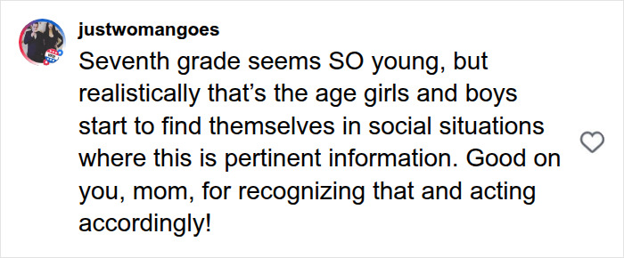 Social media comment from justwomangoes discussing how boys are raised and social dynamics in 7th grade.