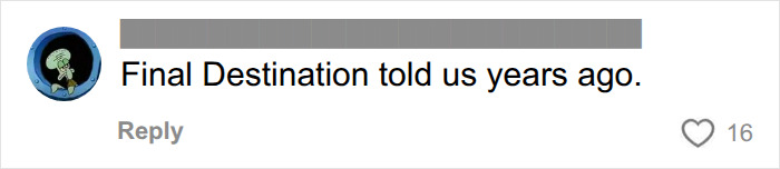 Social media comment referencing the movie Final Destination in relation to Six Flags roller coaster dangers. Social media comment referencing the movie Final Destination in relation to Six Flags roller coaster dangers.