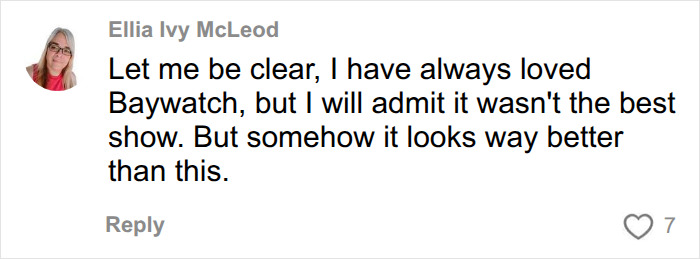 User comment criticizing the Hollywood TV reboot promo image compared to Baywatch