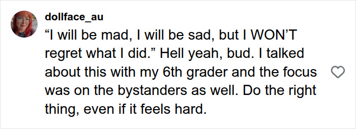 Instagram comment by dollface_au discussing standing up for others in relation to how boys are raised.