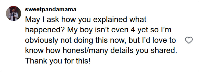 A comment asking how a mom talks to her child about sensitive topics and how boys are raised.