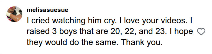 A user praising a video about how boys are raised and how a mother talks to her son.