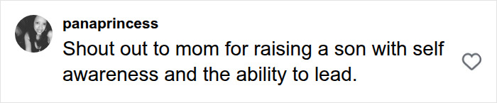 Social media comment praising a mom for raising a self-aware son with leadership skills.