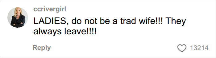User warning women not to become a tradwife in a viral online comment. User warning women not to become a tradwife in a viral online comment.