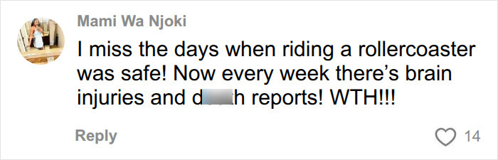 Online user comment expressing worry over Six Flags roller coaster safety and injuries. Online user comment expressing worry over Six Flags roller coaster safety and injuries.
