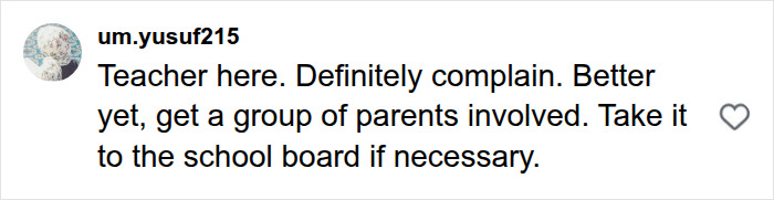 Social media comment from a teacher advising a mom to complain to the school board about an unsettling image.
