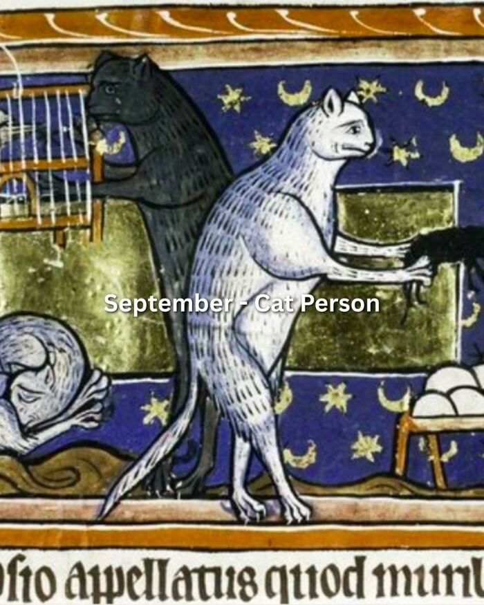 A medieval art meme showing a woman stretching her back with a birth month caption