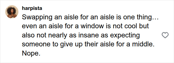 Social media comment about swapping plane seats and aisle seat preferences