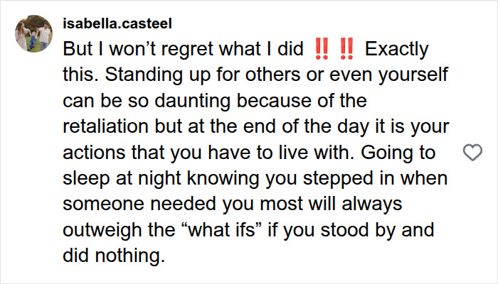 User comment about standing up for others, reflecting on how boys are raised.