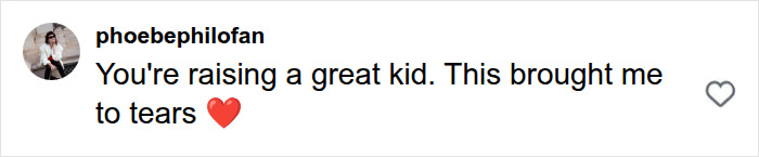 User comment praising parenting and how boys are raised with a heart emoji.