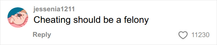 A social media comment by user jessenia1211 stating that cheating should be a felony, reflecting on husband's behavior.
