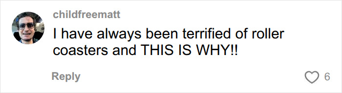 A social media comment expressing fear of a Six Flags roller coaster. A social media comment expressing fear of a Six Flags roller coaster.