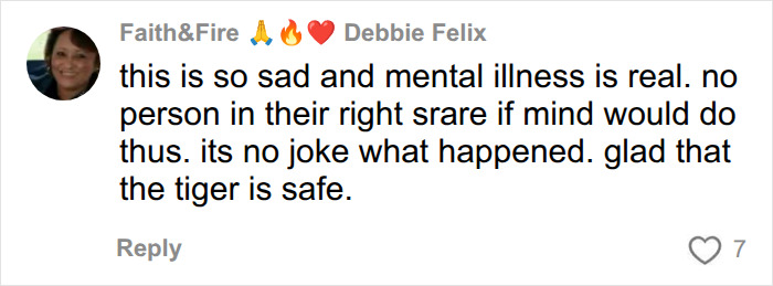 Comment about mental illness and tiger being safe after incident at UK wildlife park Comment about mental illness and tiger being safe after incident at UK wildlife park