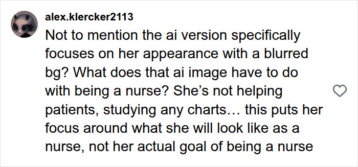 User comment pointing out the appearance focus in an unsettling AI image generated for a young school daughter.