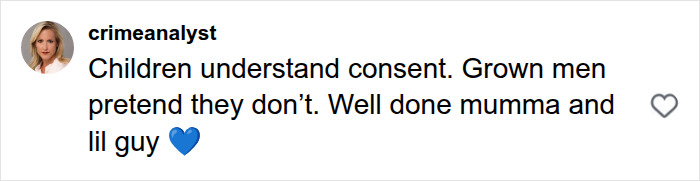A user comment on how children understand consent, highlighting how boys are raised.