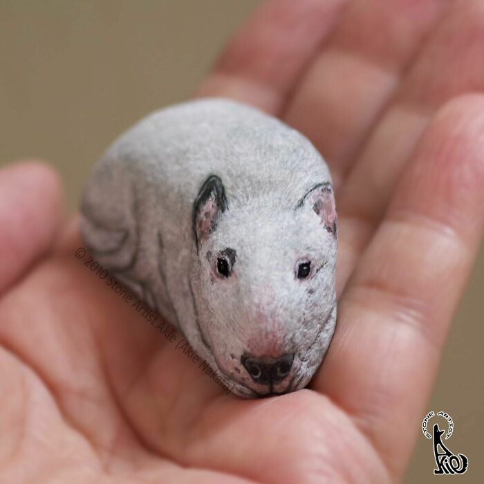 Stone painted to look like a realistic white dog held in hand