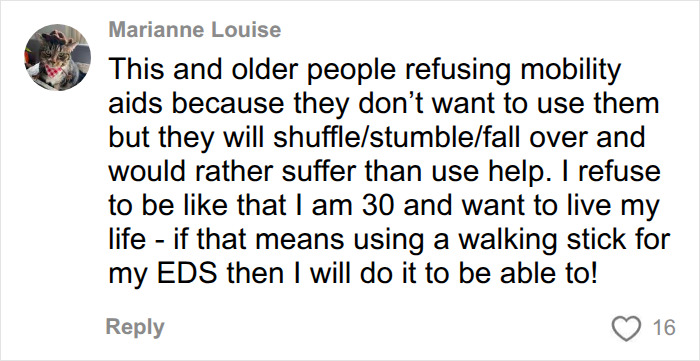Comment on young women using mobility aids to embrace walking sticks for physical conditions like EDS.