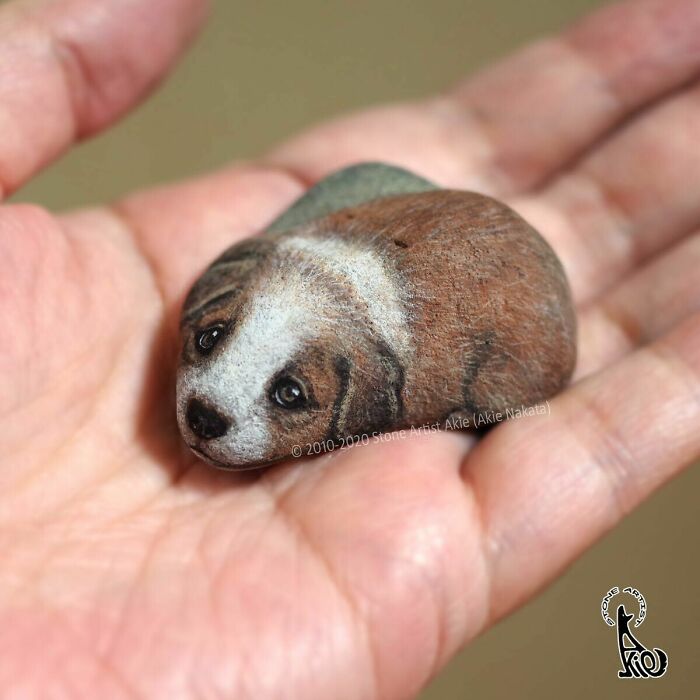 Hand holding painted stone with realistic dog artwork by Japanese artist