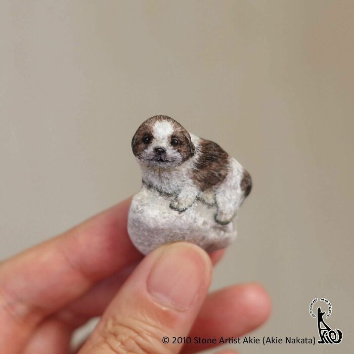 Hand holding small stone painted as detailed puppy by Japanese artist