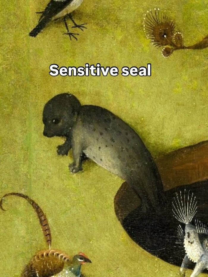 Famous paintings turned into hilarious memes depicting a Boschian creature in a frame