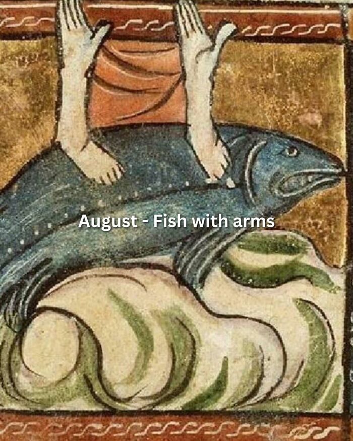 A medieval art meme showing a woman stretching her back with a birth month caption