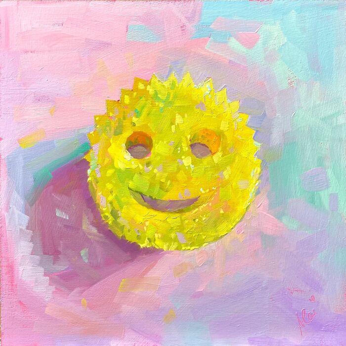 Bright yellow smiley face scrub sponge textured oil painting from Alai Paintings
