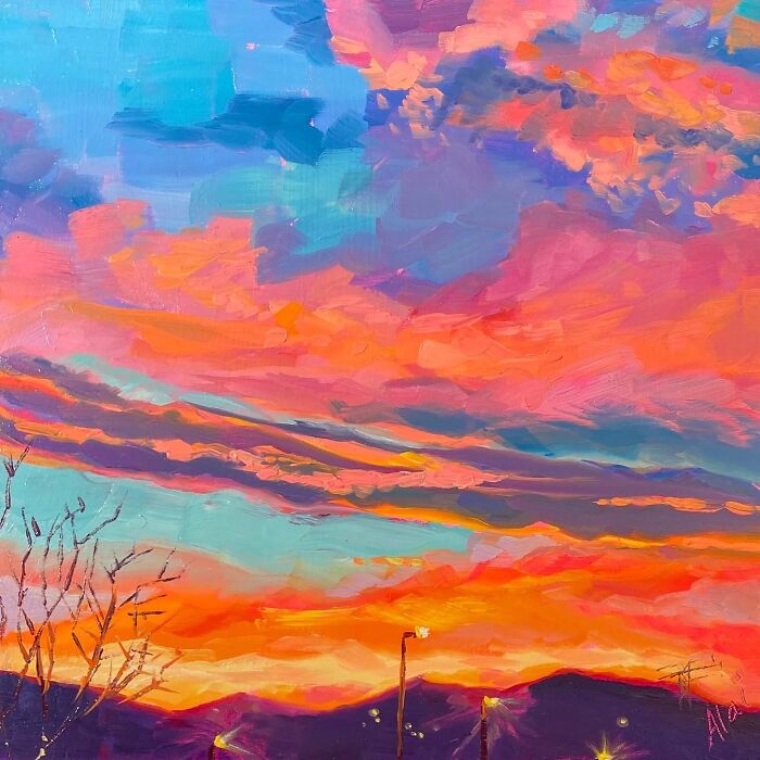 Colorful sunset oil painting of a sky with pink, orange, and blue hues from Alai Paintings