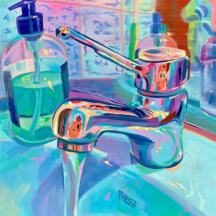 Vibrant kitchen sink faucet painting from the Alai Paintings collection with colorful reflections.