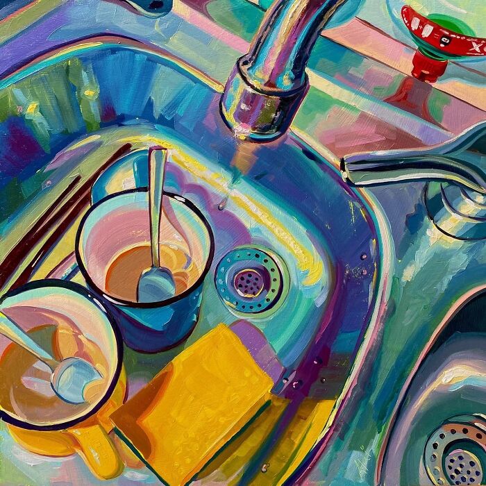 A sink filled with colorful dishes in Alai Paintings style