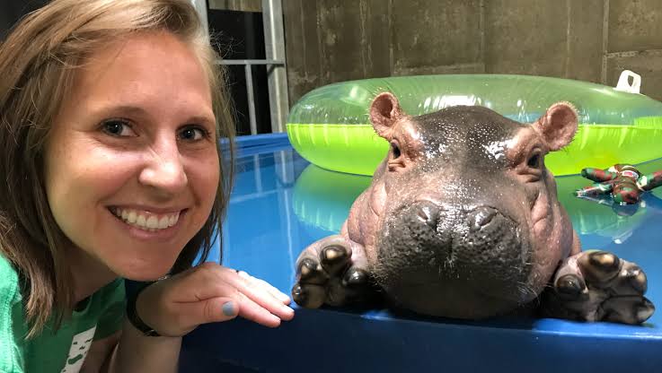 A smiling woman posing next to young Fiona the hippo resting in a blue pool