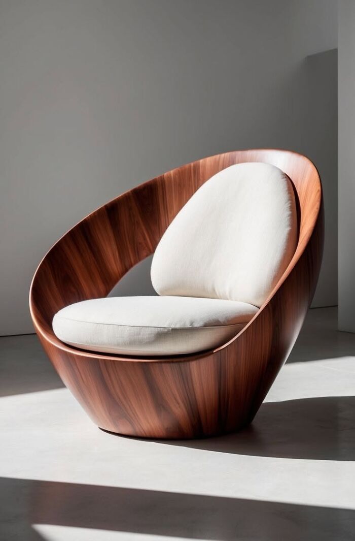 Modern wooden egg chair with white cushions, highlighting unique wooden creations for home decor.