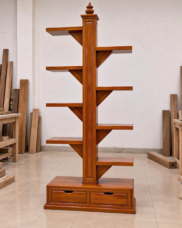 A stylish vertical bookshelf with alternating shelves, displaying clever wooden creations