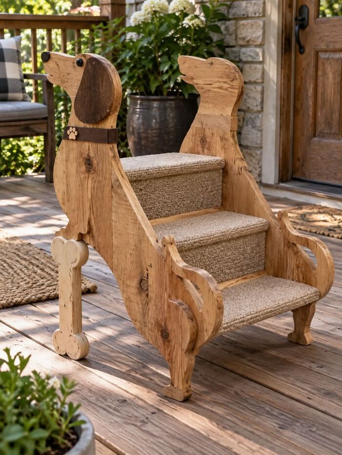 A dog-shaped set of wooden steps on a deck showing clever wooden creations.