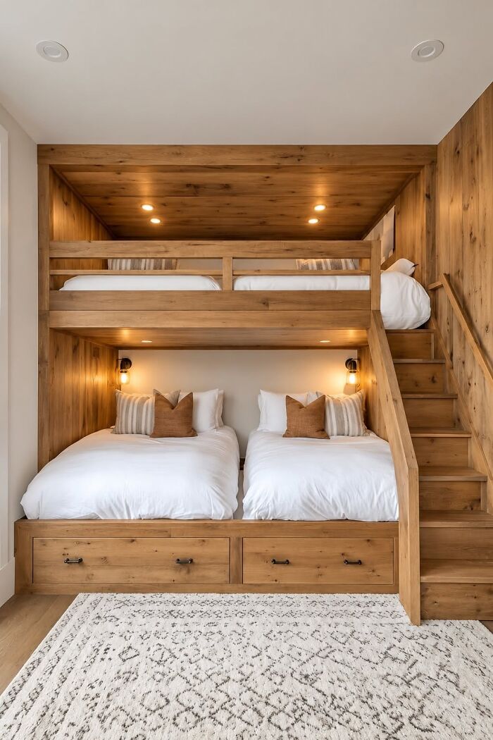 Cozy built-in wooden bunk beds, showcasing clever wooden creations